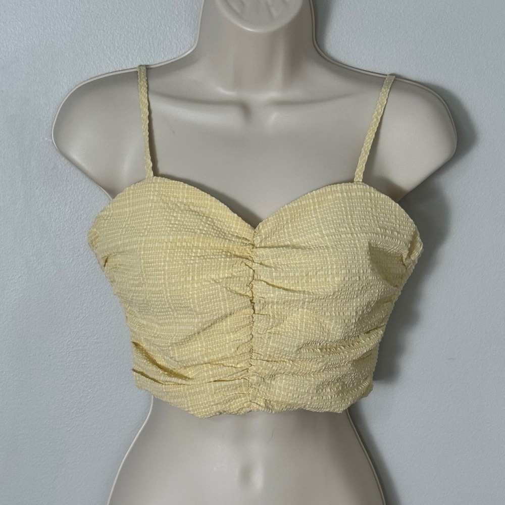 Storia Ruched Bustier Crop Top Yellow Sz S Smocked Adjustable Straps